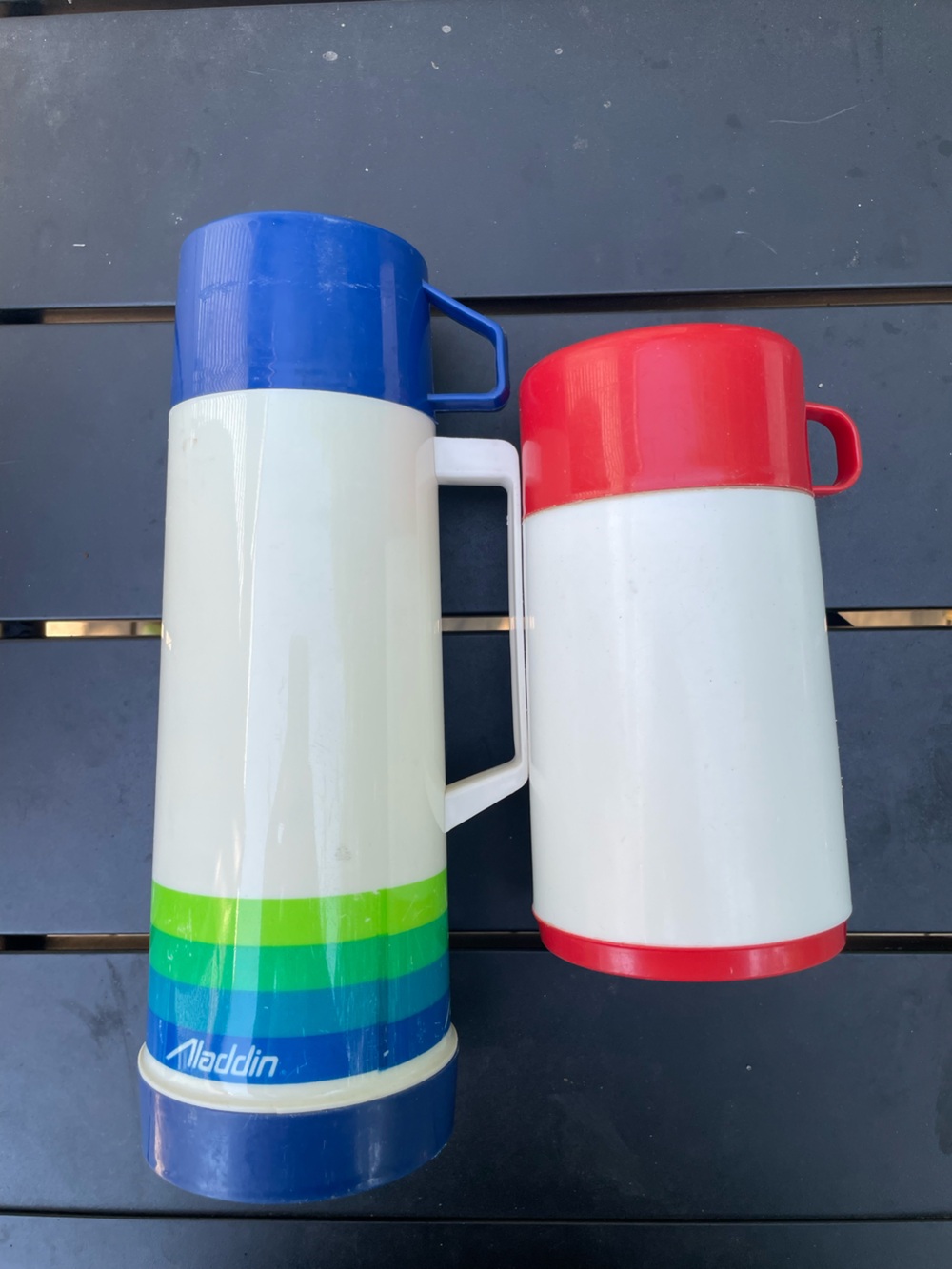 Pair of vintage Aladdin Thermos in White,Blue,Green, and Red 70s/80s retro camp